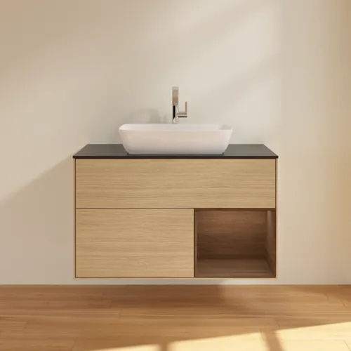 VILLEROY BOCH Toaletní stolek Finion, s osvětlením, 2 výsuvy, 1000 x 603 x 501 mm, dubová dýha / ořechová dýha / sklo černé matné #F782GNPC, obrázek 3