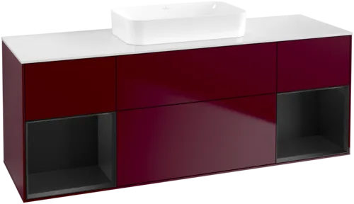 VILLEROY BOCH Toaletní skříňka Finion, s osvětlením, 4 výsuvy, 1600 x 603 x 501 mm, Pivoňka matný lak / Černý matný lak / Sklo bílé matné #F741PDHB