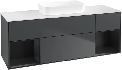 VILLEROY BOCH Toaletní skříňka Finion, s osvětlením, 4 výsuvy, 1600 x 603 x 501 mm, Midnight Blue Matt Lacquer / Black Matt Lacquer / Glass White Matt #F741PDHG