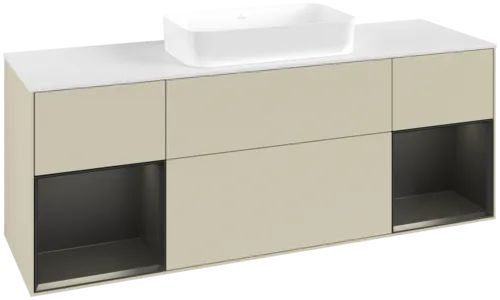 VILLEROY BOCH Toaletní skříňka Finion, s osvětlením, 4 výsuvy, 1600 x 603 x 501 mm, hedvábně šedý matný lak / černý matný lak / bílé matné sklo #F741PDHJ