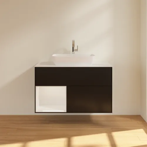 VILLEROY BOCH Toaletní skříňka Finion, s osvětlením, 2 výsuvy, 1000 x 603 x 501 mm, černý matný lak / bílý lesklý lak / bílé matné sklo #F771GFPD, obrázek 3