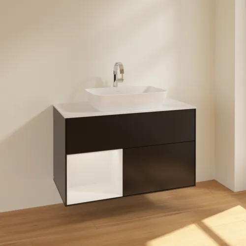 VILLEROY BOCH Toaletní skříňka Finion, s osvětlením, 2 výsuvy, 1000 x 603 x 501 mm, černý matný lak / bílý lesklý lak / bílé matné sklo #F771GFPD, obrázek 2