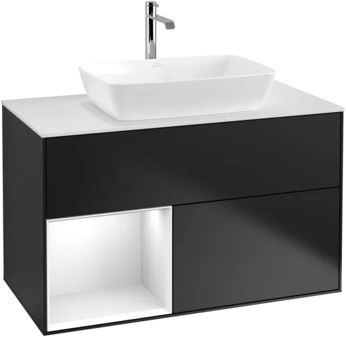 VILLEROY BOCH Toaletní skříňka Finion, s osvětlením, 2 výsuvy, 1000 x 603 x 501 mm, černý matný lak / bílý lesklý lak / bílé matné sklo #F771GFPD