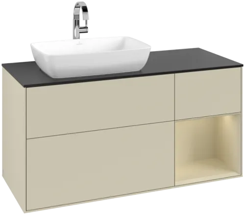 VILLEROY BOCH Toaletní skříňka Finion, s osvětlením, 3 výsuvy, 1200 x 603 x 501 mm, Silk Grey Matt Lacquer / Silk Grey Matt Lacquer / Glass Black Matt #F812HJHJ