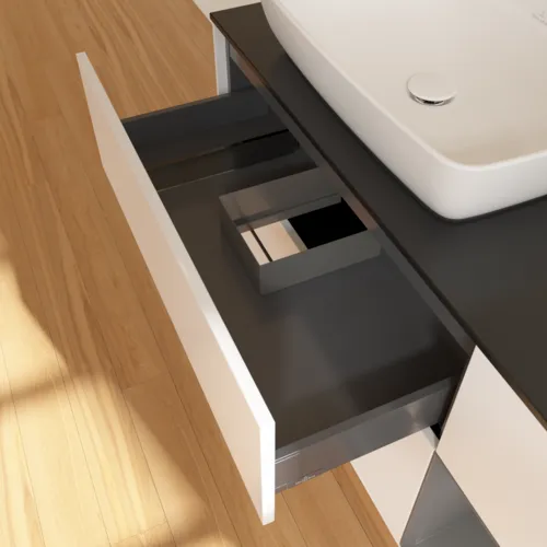 VILLEROY BOCH Toaletní skříňka Finion, s osvětlením, 3 výsuvy, 1200 x 603 x 501 mm, bílý matný lak / antracitový matný lak / černé matné sklo #F812GKMT, obrázek 8