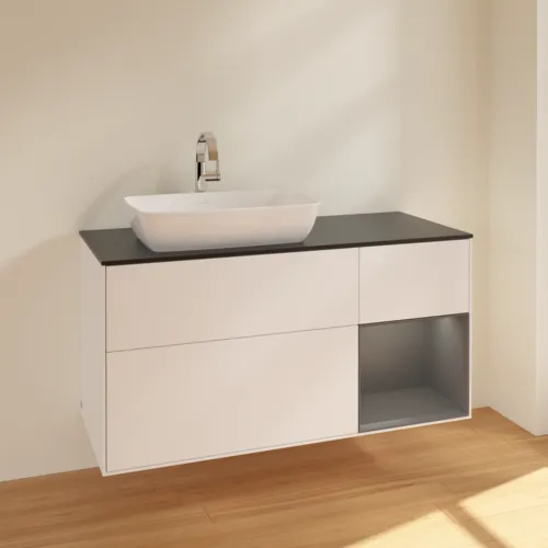 VILLEROY BOCH Toaletní skříňka Finion, s osvětlením, 3 výsuvy, 1200 x 603 x 501 mm, bílý matný lak / antracitový matný lak / černé matné sklo #F812GKMT, obrázek 2
