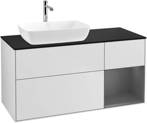 VILLEROY BOCH Toaletní skříňka Finion, s osvětlením, 3 výsuvy, 1200 x 603 x 501 mm, bílý matný lak / antracitový matný lak / černé matné sklo #F812GKMT, obrázek 1