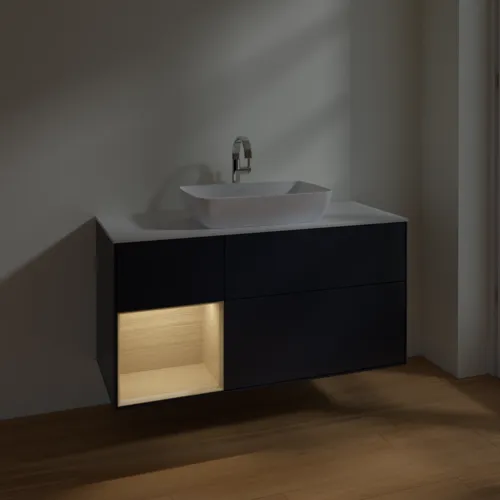 VILLEROY BOCH Toaletní skříňka Finion, s osvětlením, 3 výsuvy, 1200 x 603 x 501 mm, matný lak Midnight Blue / dubová dýha / matné bílé sklo #F821PCHG, obrázek 5