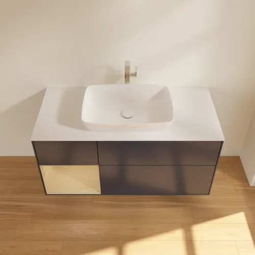 VILLEROY BOCH Toaletní skříňka Finion, s osvětlením, 3 výsuvy, 1200 x 603 x 501 mm, matný lak Midnight Blue / dubová dýha / matné bílé sklo #F821PCHG, obrázek 4