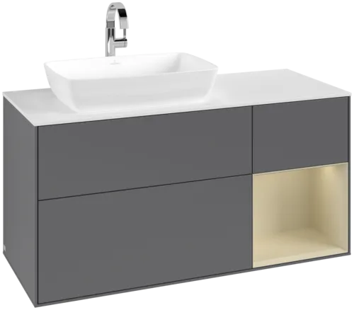 VILLEROY BOCH Toaletní skříňka Finion, s osvětlením, 3 výsuvy, 1200 x 603 x 501 mm, antracitový matný lak / hedvábně šedý matný lak / bílé matné sklo #F811HJGK