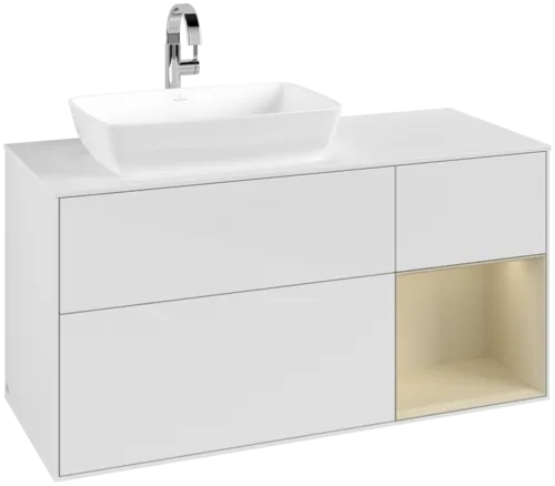 VILLEROY BOCH Toaletní skříňka Finion, s osvětlením, 3 výsuvy, 1200 x 603 x 501 mm, lesklý bílý lak / hedvábně šedý matný lak / bílé matné sklo #F811HJGF