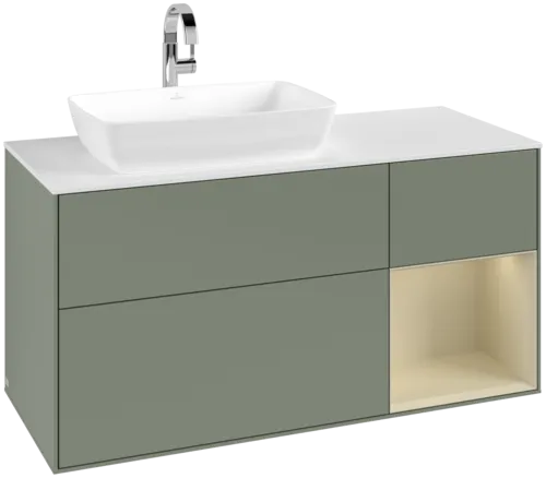 VILLEROY BOCH Toaletní skříňka Finion, s osvětlením, 3 výsuvy, 1200 x 603 x 501 mm, olivový matný lak / hedvábně šedý matný lak / bílé matné sklo #F811HJGM