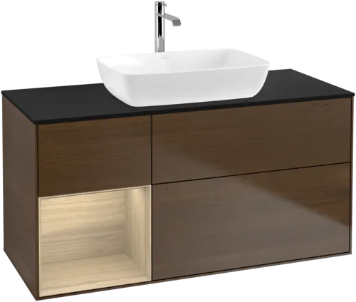 VILLEROY BOCH Toaletní skříňka Finion, s osvětlením, 3 výsuvy, 1200 x 603 x 501 mm, ořechová dýha / dubová dýha / sklo černé matné #F822PCGN