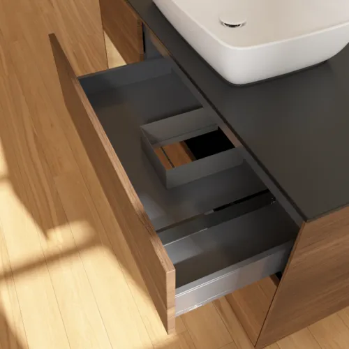 VILLEROY BOCH Toaletní skříňka Finion, s osvětlením, 3 výsuvy, 1200 x 603 x 501 mm, ořechová dýha / dubová dýha / sklo černé matné #F822PCGN, obrázek 8
