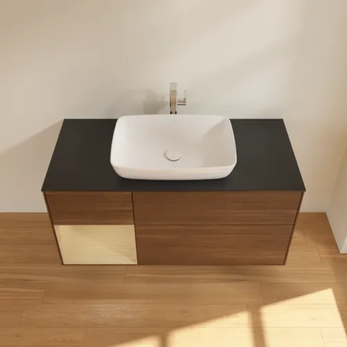 VILLEROY BOCH Toaletní skříňka Finion, s osvětlením, 3 výsuvy, 1200 x 603 x 501 mm, ořechová dýha / dubová dýha / sklo černé matné #F822PCGN, obrázek 4
