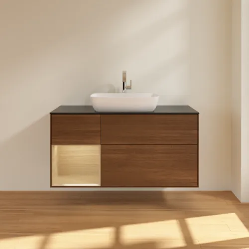 VILLEROY BOCH Toaletní skříňka Finion, s osvětlením, 3 výsuvy, 1200 x 603 x 501 mm, ořechová dýha / dubová dýha / sklo černé matné #F822PCGN, obrázek 3