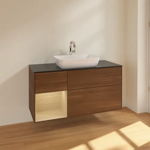 VILLEROY BOCH Toaletní skříňka Finion, s osvětlením, 3 výsuvy, 1200 x 603 x 501 mm, ořechová dýha / dubová dýha / sklo černé matné #F822PCGN, obrázek 2