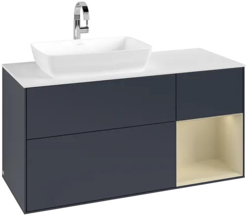 VILLEROY BOCH Toaletní skříňka Finion, s osvětlením, 3 výsuvy, 1200 x 603 x 501 mm, Midnight Blue Matt Lacquer / Silk Grey Matt Lacquer / Glass White Matt #F811HJHG