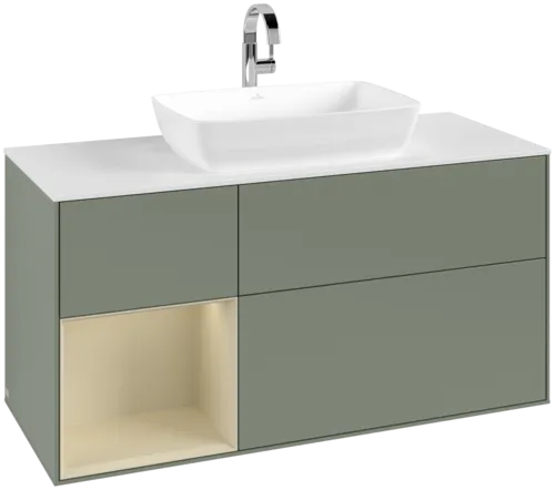 VILLEROY BOCH Toaletní skříňka Finion, s osvětlením, 3 výsuvy, 1200 x 603 x 501 mm, olivový matný lak / hedvábně šedý matný lak / bílé matné sklo #F821HJGM