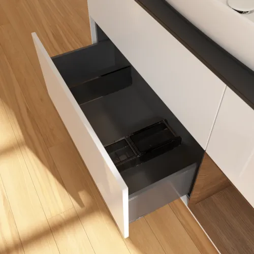 VILLEROY BOCH Toaletní skříňka Finion, s osvětlením, 3 výsuvy, 1200 x 603 x 501 mm, lesklý bílý lak / ořechová dýha / černé matné sklo #F832GNGF, obrázek 7