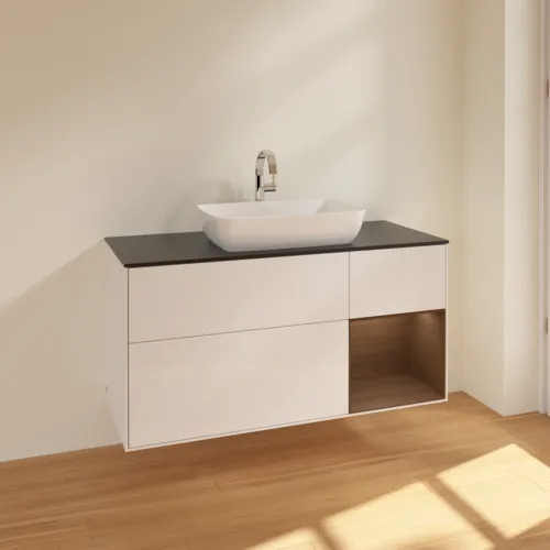 VILLEROY BOCH Toaletní skříňka Finion, s osvětlením, 3 výsuvy, 1200 x 603 x 501 mm, lesklý bílý lak / ořechová dýha / černé matné sklo #F832GNGF, obrázek 2