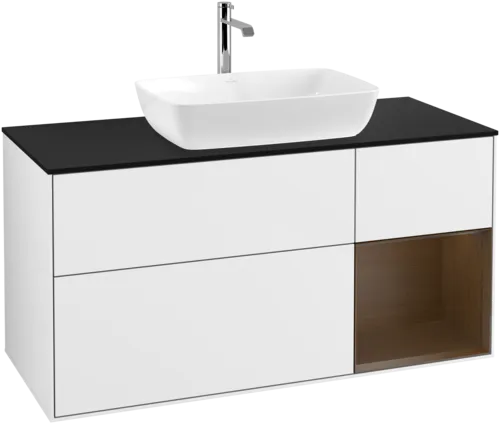 VILLEROY BOCH Toaletní skříňka Finion, s osvětlením, 3 výsuvy, 1200 x 603 x 501 mm, lesklý bílý lak / ořechová dýha / černé matné sklo #F832GNGF
