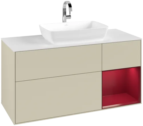 VILLEROY BOCH Toaletní skříňka Finion, s osvětlením, 3 výsuvy, 1200 x 603 x 501 mm, Silk Grey Matt Lacquer / Peony Matt Lacquer / Glass White Matt #F831HBHJ