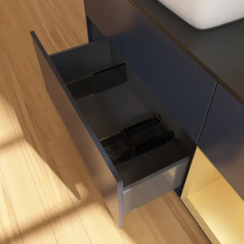 VILLEROY BOCH Toaletní skříňka Finion, s osvětlením, 3 výsuvy, 1200 x 603 x 501 mm, Midnight Blue Matt Lacquer / Gold Matt Lacquer / Glass Black Matt #F812HFHG, obrázek 7