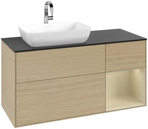 VILLEROY BOCH Toaletní skříňka Finion, s osvětlením, 3 výsuvy, 1200 x 603 x 501 mm, dubová dýha / hedvábně šedý matný lak / sklo černé matné #F812HJPC