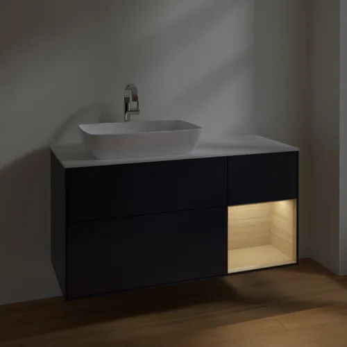 VILLEROY BOCH Toaletní skříňka Finion, s osvětlením, 3 výsuvy, 1200 x 603 x 501 mm, matný lak Midnight Blue / dubová dýha / matné bílé sklo #F811PCHG, obrázek 5