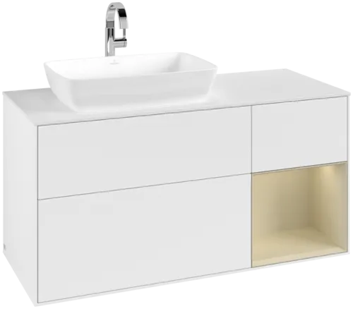 VILLEROY BOCH Toaletní skříňka Finion, s osvětlením, 3 výsuvy, 1200 x 603 x 501 mm, bílý matný lak / hedvábně šedý matný lak / bílé matné sklo #F811HJMT