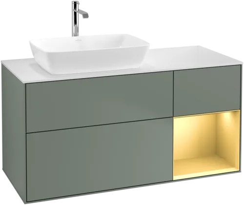 VILLEROY BOCH Toaletní skříňka Finion, s osvětlením, 3 výsuvy, 1200 x 603 x 501 mm, olivový matný lak / zlatý matný lak / bílé matné sklo #F811HFGM