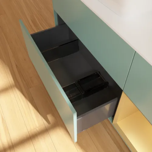 VILLEROY BOCH Toaletní skříňka Finion, s osvětlením, 3 výsuvy, 1200 x 603 x 501 mm, olivový matný lak / zlatý matný lak / bílé matné sklo #F811HFGM, obrázek 7