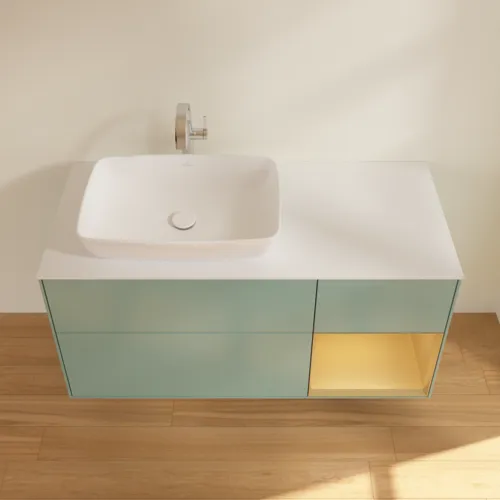 VILLEROY BOCH Toaletní skříňka Finion, s osvětlením, 3 výsuvy, 1200 x 603 x 501 mm, olivový matný lak / zlatý matný lak / bílé matné sklo #F811HFGM, obrázek 4