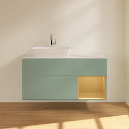 VILLEROY BOCH Toaletní skříňka Finion, s osvětlením, 3 výsuvy, 1200 x 603 x 501 mm, olivový matný lak / zlatý matný lak / bílé matné sklo #F811HFGM, obrázek 3
