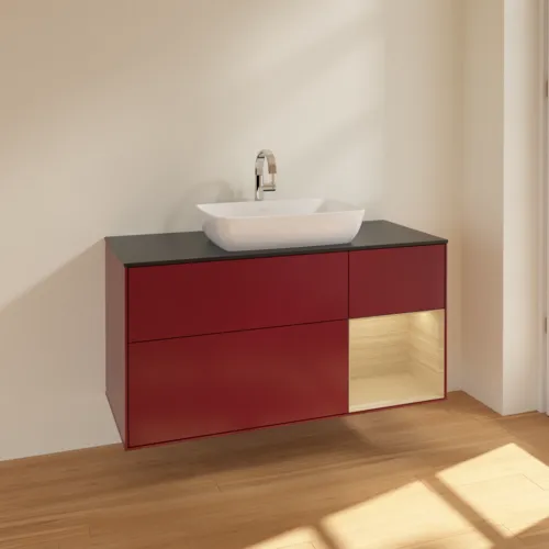 VILLEROY BOCH Toaletní skříňka Finion, s osvětlením, 3 výsuvy, 1200 x 603 x 501 mm, matný lak Peony / dubová dýha / černé matné sklo #F832PCHB, obrázek 2