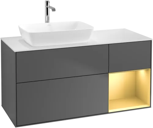 VILLEROY BOCH Toaletní skříňka Finion, s osvětlením, 3 výsuvy, 1200 x 603 x 501 mm, antracitový matný lak / zlatý matný lak / bílé matné sklo #F811HFGK, obrázek 1
