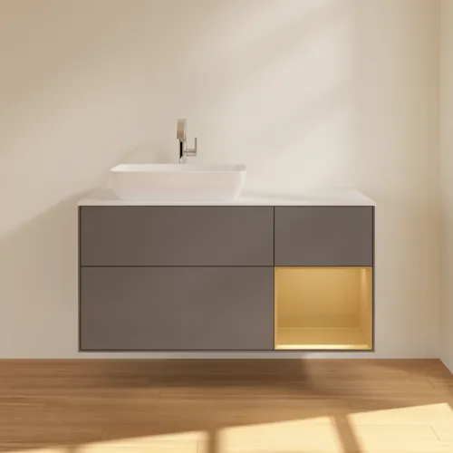 VILLEROY BOCH Toaletní skříňka Finion, s osvětlením, 3 výsuvy, 1200 x 603 x 501 mm, antracitový matný lak / zlatý matný lak / bílé matné sklo #F811HFGK, obrázek 3