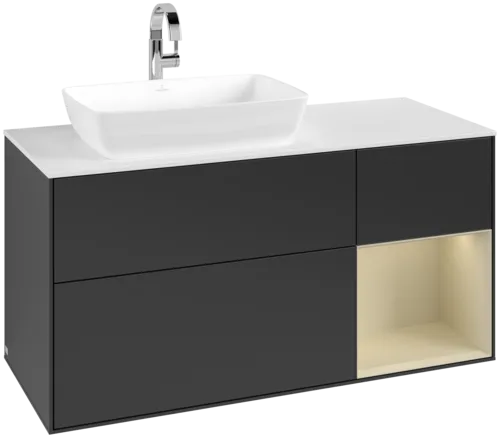 VILLEROY BOCH Toaletní skříňka Finion, s osvětlením, 3 výsuvy, 1200 x 603 x 501 mm, černý matný lak / hedvábně šedý matný lak / bílé matné sklo #F811HJPD