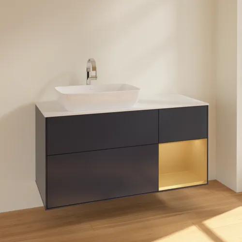 VILLEROY BOCH Toaletní skříňka Finion, s osvětlením, 3 výsuvy, 1200 x 603 x 501 mm, Midnight Blue Matt Lacquer / Gold Matt Lacquer / Glass White Matt #F811HFHG, obrázek 2