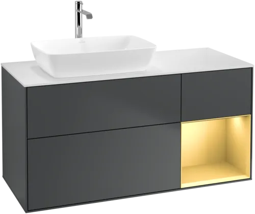VILLEROY BOCH Toaletní skříňka Finion, s osvětlením, 3 výsuvy, 1200 x 603 x 501 mm, Midnight Blue Matt Lacquer / Gold Matt Lacquer / Glass White Matt #F811HFHG