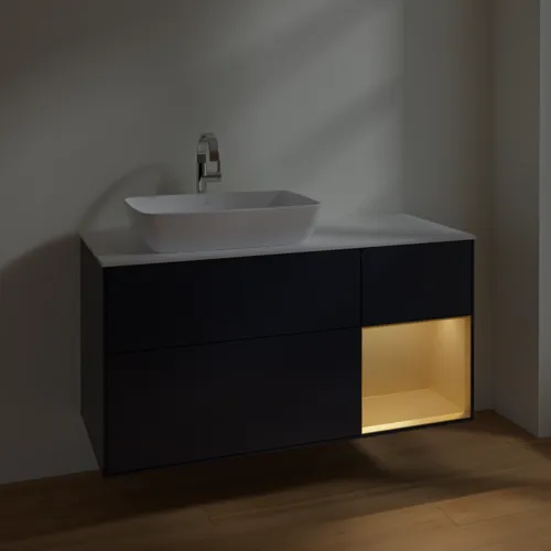 VILLEROY BOCH Toaletní skříňka Finion, s osvětlením, 3 výsuvy, 1200 x 603 x 501 mm, Midnight Blue Matt Lacquer / Gold Matt Lacquer / Glass White Matt #F811HFHG, obrázek 5