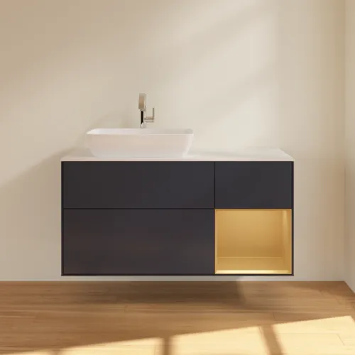 VILLEROY BOCH Toaletní skříňka Finion, s osvětlením, 3 výsuvy, 1200 x 603 x 501 mm, Midnight Blue Matt Lacquer / Gold Matt Lacquer / Glass White Matt #F811HFHG, obrázek 3