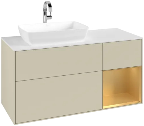 VILLEROY BOCH Toaletní skříňka Finion, s osvětlením, 3 výsuvy, 1200 x 603 x 501 mm, Silk Grey Matt Lacquer / Gold Matt Lacquer / Glass White Matt #F811HFHJ