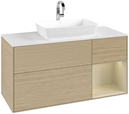 VILLEROY BOCH Toaletní skříňka Finion, s osvětlením, 3 výsuvy, 1200 x 603 x 501 mm, dubová dýha / hedvábně šedý matný lak / sklo bílé matné #F831HJPC