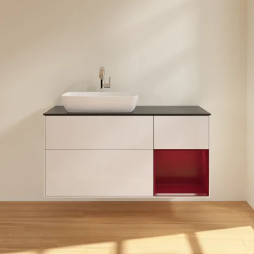 VILLEROY BOCH Toaletní skříňka Finion, s osvětlením, 3 výsuvy, 1200 x 603 x 501 mm, lesklý bílý lak / matný lak Pivoňka / matné černé sklo #F812HBGF, obrázek 3