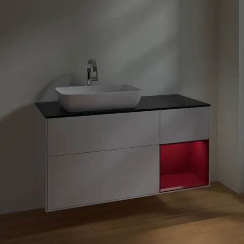 VILLEROY BOCH Toaletní skříňka Finion, s osvětlením, 3 výsuvy, 1200 x 603 x 501 mm, lesklý bílý lak / matný lak Pivoňka / matné černé sklo #F812HBGF, obrázek 5