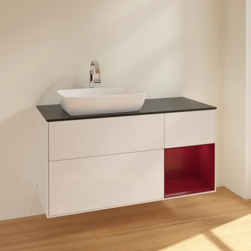 VILLEROY BOCH Toaletní skříňka Finion, s osvětlením, 3 výsuvy, 1200 x 603 x 501 mm, lesklý bílý lak / matný lak Pivoňka / matné černé sklo #F812HBGF, obrázek 2