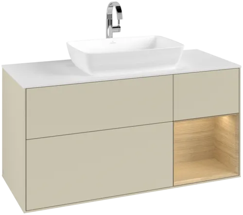 VILLEROY BOCH Toaletní skříňka Finion, s osvětlením, 3 výsuvy, 1200 x 603 x 501 mm, hedvábně šedý matný lak / dubová dýha / bílé matné sklo #F831PCHJ
