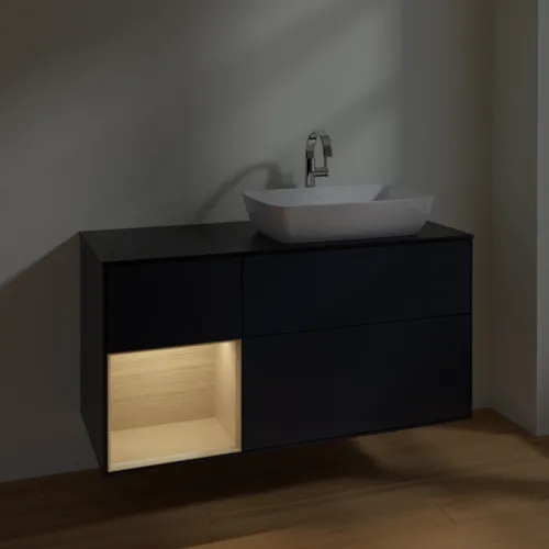 VILLEROY BOCH Toaletní skříňka Finion, s osvětlením, 3 výsuvy, 1200 x 603 x 501 mm, Midnight Blue Matt Lacquer / Oak Veneer / Glass Black Matt #F802PCHG, obrázek 5